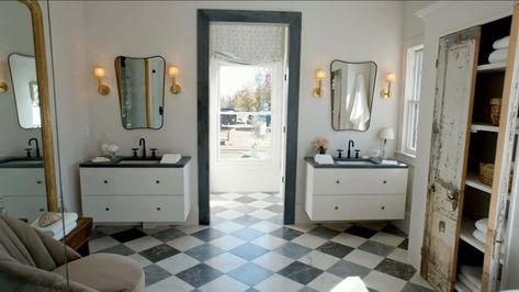 Nate and Jeremiah's 'Rock the Block' Home Sells Quickly in Georgia | realtor.com® The Block Bathroom, Nate Berkus Design, Checkerboard Tile, Rock The Block, Nate And Jeremiah, Standing Bathtub, Mirror Sconces, Block House, Victorian Farmhouse