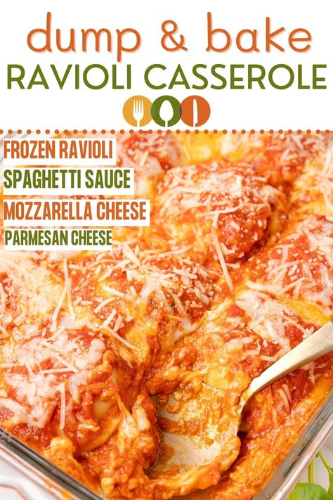 Learn how to make this dump & bake frozen Ravioli Bake with only 4 ingredients! Everything cooks in one baking dish, including the rozen ravioli, making it the perfect weeknight dinner recipe. Cheese ravioli pasta, jarred spaghetti sauce, and two kinds of cheese is all you need. Frozen Baked Ravioli, Ravioli Dump And Bake, Ww Ravioli Recipes, Frozen Spinach And Cheese Ravioli Recipes, Frozen Pasta Bake, Frozen Ravioli Casserole Recipes, What To Do With Frozen Ravioli, Recipes Using Frozen Beef Ravioli, Frozen Ravioli Bake Casseroles