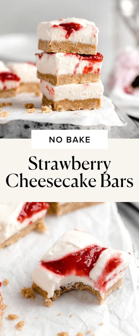 Easy No Bake Strawberry Cheesecake, No Bake Cheesecake Bars, Fresh Strawberry Jam, No Bake Strawberry Cheesecake, Strawberry Cheesecake Bars, Broma Bakery, Chocolate Balls, Cheesecake Bar Recipes, Bake Cakes