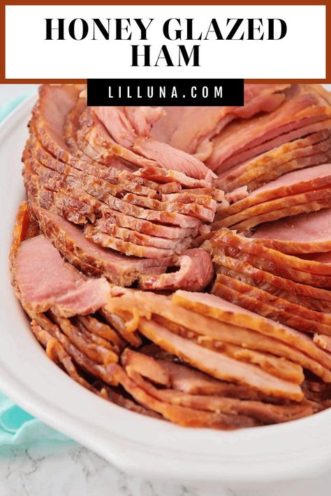 Tender and juicy honey glazed ham is smothered in our simple 5-ingredient glaze creating our favorite recipe for holiday ham! #honeyglazedham #holidayham #hamrecipe #crockpot #holidaydinner Best Ham Glaze, Cooking Spiral Ham, Easy Ham Glaze, Sugar Ham, Maple Glazed Ham, Ham Glaze Brown Sugar, Ham Recipes Baked, Simple Marinade, Spiral Sliced Ham