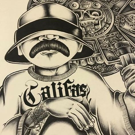 Califas @artbyraul Cholo Drawing, South Central La, Aztec Tattoos Sleeve, Chicano Love, Card Tattoo Designs, Chicano Lettering, Prison Art, Mexican Culture Art, Cholo Art