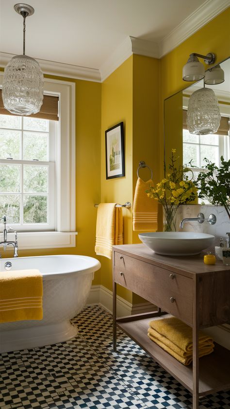 Creative Yellow Bathroom Ideas: Bold Designs for Modern and Small Spaces Mustard Bathroom Walls, Yellow Cloakroom, Yellow Blue Bathroom, Pale Yellow Bathroom, Bathroom Ideas Bright, Yellow And Black Bathroom, Mustard Bathroom, Vintage Yellow Bathroom, Yellow Bathroom Ideas