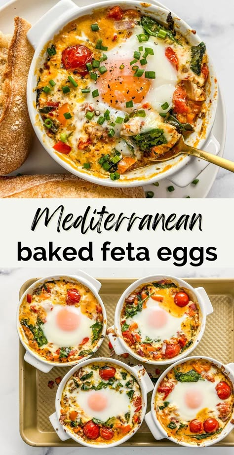 These wonderful baked feta eggs with tomatoes and spinach are a delightful breakfast or brunch recipe. Baked Eggs With Tomato And Feta, Different Cuisine Recipes, Baked Eggs And Feta, One Pot Breakfast Recipes, Hashbrowns Breakfast Ideas, Mediterranean Feta Egg Bake, Mediterranean Egg Bake, High Protein Veg Breakfast, Keto Egg Recipes Breakfast