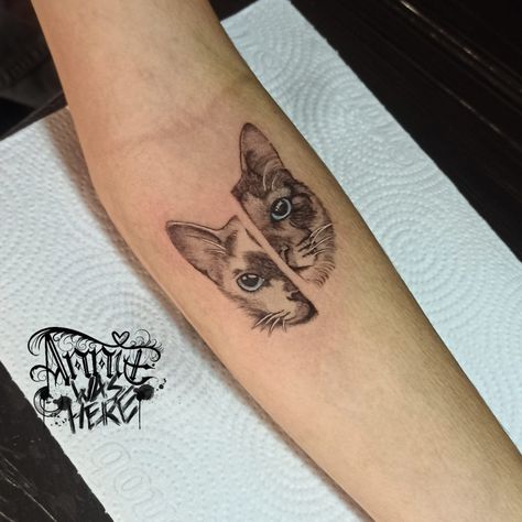 Half Cat Face Tattoo, Cat Face Tattoo, Dedication Tattoos, Cat Face Tattoos, Cat Tats, Cats Face, Cat Tat, Cat Tattoo Designs, Two Cats