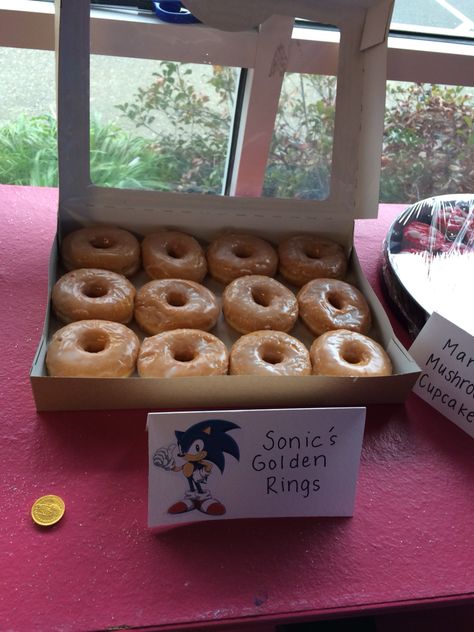 Sonic The Hedgehog Theme Party, Sonic 3rd Birthday Party, Sonic Donut Wall, Sonic The Hedgehog Birthday Party Ideas Diy, Sonic Party Snack Ideas, Sonic Birthday Party At Park, Sonic Birthday Party Snacks, Sonic Diy Birthday Party, Sonic Theme Birthday Party Games