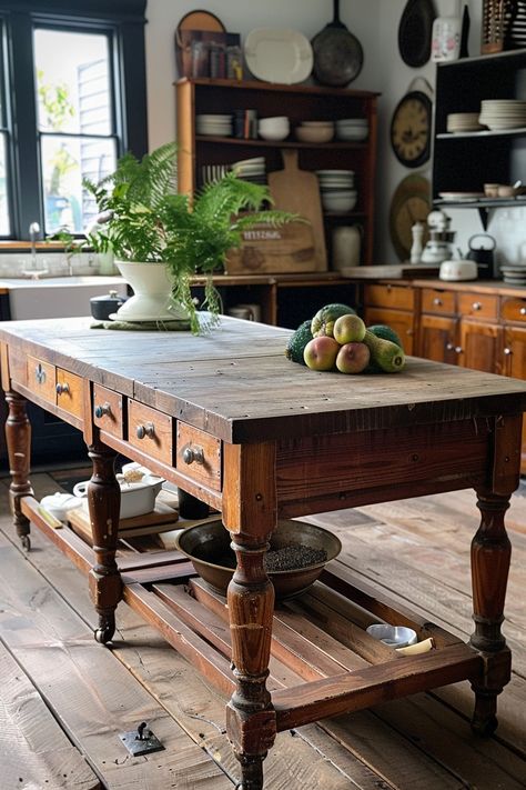 Gather in Style: Farmhouse Kitchen Island Table Ideas - Quiet Minimal Small Sink Island Kitchen, Dining Table As Island In Kitchen, Farmhouse Kitchen Table Island, Antique Wooden Kitchen Island, French Island Kitchen, Thrifted Kitchen Table, Farmhouse Eat In Kitchen Ideas, Table In Middle Of Kitchen, Victorian Kitchen Island