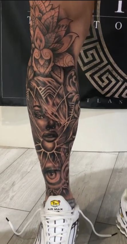 Mens Leg Sleeve Ideas, Front Leg Tattoo Men Lower, Men Leg Sleeve Tattoo Ideas, Chicano Leg Sleeve, Realism Leg Tattoo, Shin Tattoos, Palm Tree Tattoo Ankle, Christus Tattoo, Calf Tattoo Men