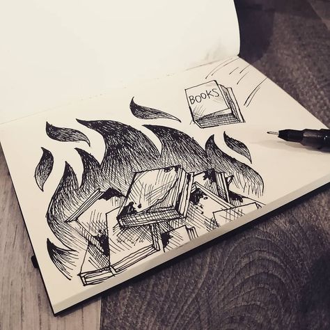 Burning Books Drawing, Book On Fire Drawing, Burning Book Drawing, Fire Sketch Pencil, Sketch Book Pen, Fire Sketch, Drawings Inspo, Art Guy, Book Burning