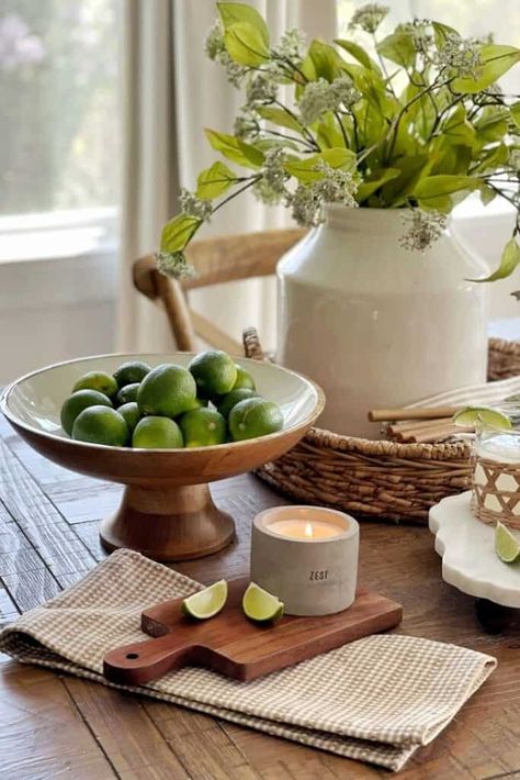 26 Summer Kitchen Decorating Ideas » Lady Decluttered Countertop Decor Kitchen, Fruit Bowl Decor, Fruit Bowl Display, Cottagecore Living, Kitchen Countertop Decor, Wooden Fruit Bowl, Wooden Fruit, Kitchen Decorating Ideas, Fruit Display