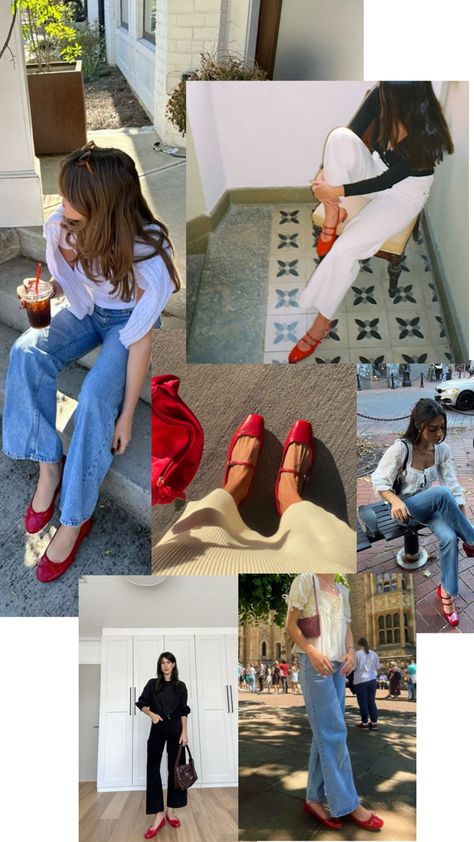 Fall Flats Outfit, Ballet Flat Outfit, Red Ballet Flats Outfit, Red Flats Outfit, Ballet Shoes Outfit, Ballerina Flats Outfit, Red Ballerina Flats, Eurotrip Outfits, Red Ballet Shoes