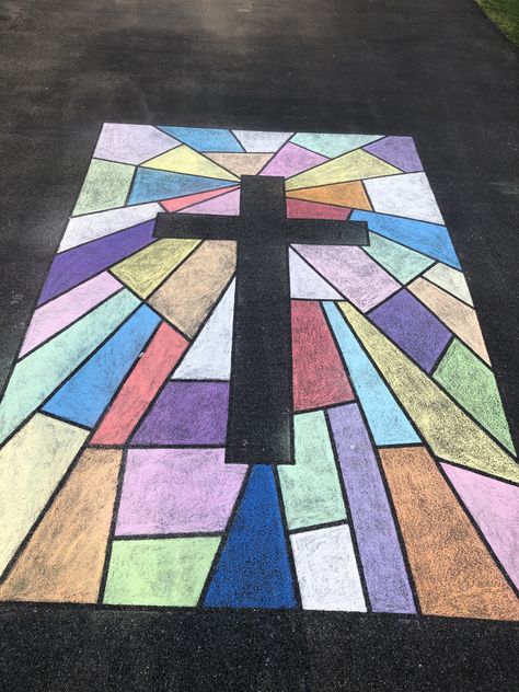 Sidewalk chalk, Easter, Stained Glass, Cross Stained Glass Chalk Art, Street Chalk Art Ideas, Easter Chalk Ideas Outside, Christian Painted Parking Spots, Chalk Stained Glass Art, Sidewalk Chalk Easter Ideas, Simple Sidewalk Chalk Art Ideas, Cross Chalk Art, Easter Sidewalk Chalk Art