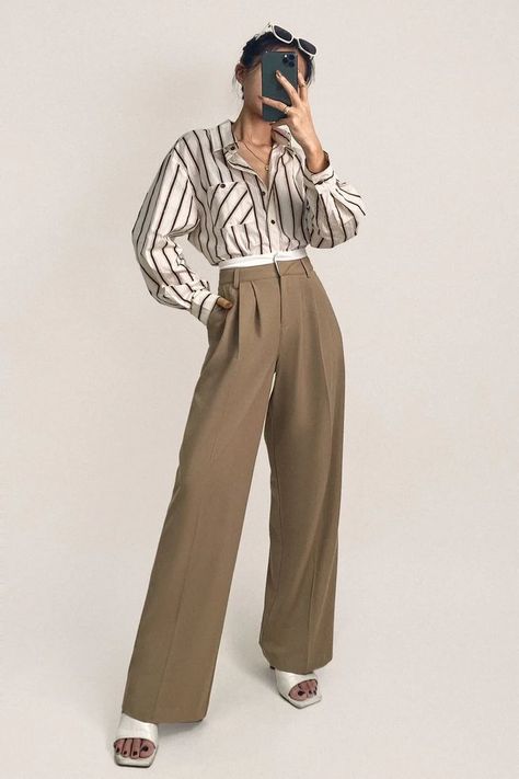 Dark Khaki Pants Outfit, Khaki Trousers Outfit, Dark Khaki Pants, Corporate Wardrobe, Khaki Pants Outfit, Puff Sleeve Cardigan, Retro Pants, Trouser Outfit, Khaki Trousers