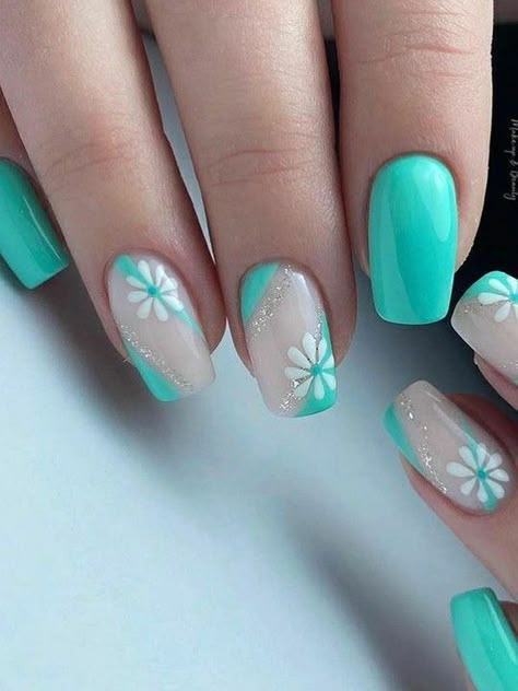 Turquoise Nail Art, Turquoise Nail Designs, Teal Nail Designs, Mint Green Nails, Mint Nails, Aqua Nails, Teal Nails, Turquoise Nails, Spring Acrylic Nails