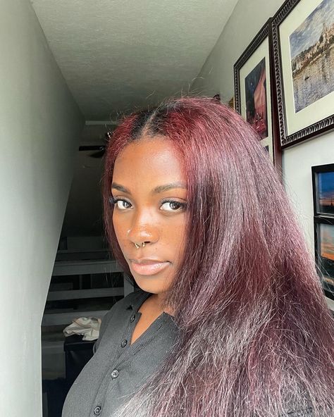 Burgundy Straight Hair Black Women, Red Black Hair Black Women, Red Purple Hair Black Women, Plum Red Hair Color Black Women, Black Cherry Hair Black Women, Black Cherry Hair Color Black Women, Cherry Red Hair On Black Women, Wine Red Hair Black Women, Color On Straight Hair