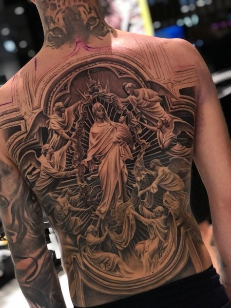 Catholic Back Tattoo, Angel Tattoo Back, Jesus Back Tattoo, Full Back Tattoos For Men, Rob Tattoo, Back Piece Tattoo Men, Tattoo Stockholm, Ship Tattoos, Saint Tattoo