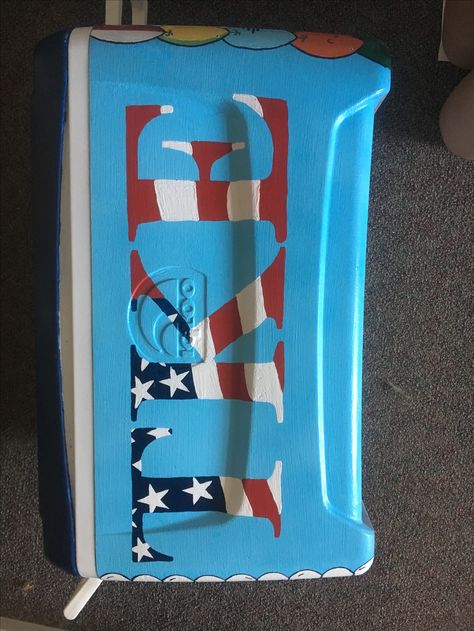 TKE fraternity cooler. American flag letters Tke Cooler Ideas, Frat Cooler Letters, Tke Fraternity Coolers, Tke Fraternity, Tke Cooler, Nola Formal, Beer Pong Table Diy, Formal Coolers, Frat Formal