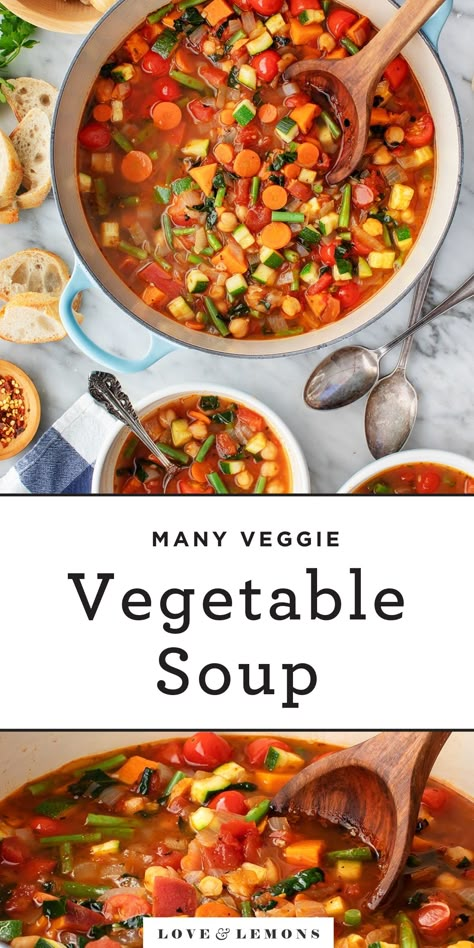 The BEST vegetable soup recipe! Make this nourishing, easy vegetable soup with whatever veggies you have on hand. It's a perfect healthy dinner or lunch, and it tastes even better on the second day! | Love and Lemons #soup #vegan #mealprep #dinnerideas #cleaneating Best Vegetable Soup, Best Vegetable Soup Recipe, Vegan Vegetable Soup, Easy Vegetable Soup, Potatoes Tomatoes, Roasted Vegetable Pasta, Vegetable Soup Recipe, Easy Vegetable, Asparagus Soup