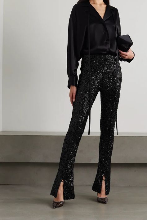 Black Sequin Pants Outfit, Sequin Pants Outfit, Flared Trousers Outfit, Glam Party Outfit, Sequins Pants Outfit, Flare Outfit, Black Sequin Pants, Sparkle Outfit, Sequin Pants