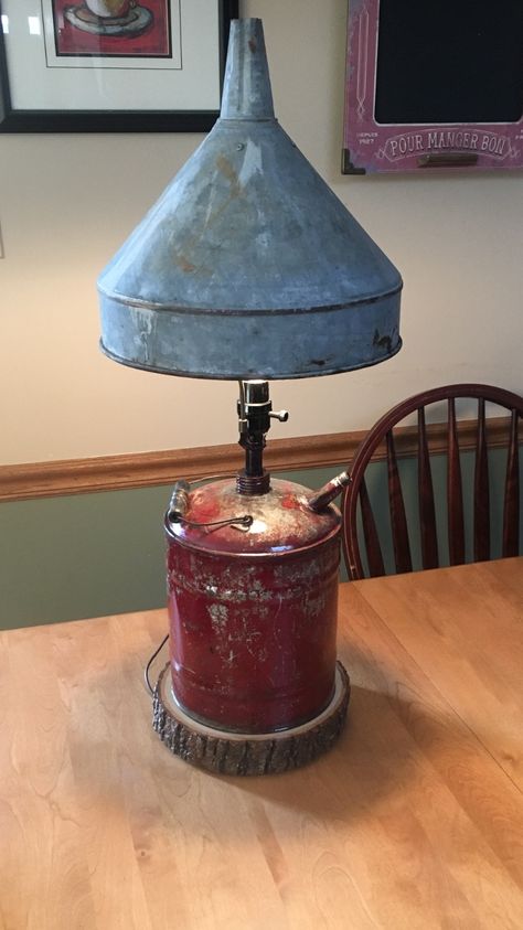 Antique Gas Can w/Galvanized Funnel made into a lamp Diy Lamp Ideas, Steampunk Rooms, Diy Luminaire, Luminaire Original, Car Part Furniture, Automotive Furniture, Lamp Ideas, Luminaire Vintage, Automotive Decor