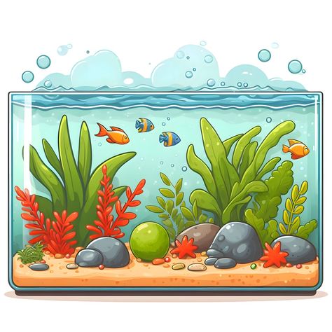 Aquarium Aesthetic Painting, Fish Tank Drawing Aquarium, How To Draw Aquarium, Aquarium Drawing Ideas, Aquarium Drawing For Kids, Fish Aquarium Drawing, Drawing Aquarium, Aquarium Clipart, Aquarium Illustration