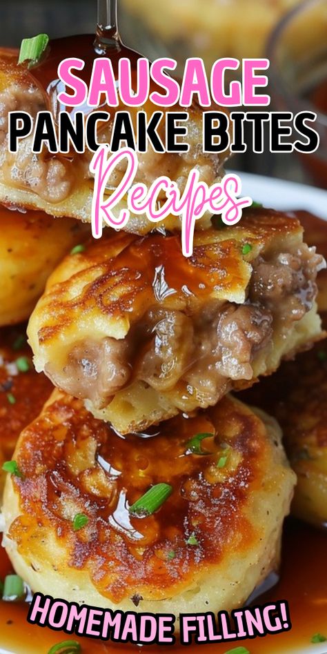 Sausage Pancake Bites (Turkey Sausage Breakfast Ideas With Ground Sausage, Breakfast With Sausage Patties, Breakfast With Sausage And Eggs, Sausage Pancake Breakfast Casserole, Recipes With Sausage Patties, Sausage Stuffed Pancakes, Hot Breakfast Sausage Recipes, Breakfast Sausage Link Recipes, Recipes Using Breakfast Sausage Links