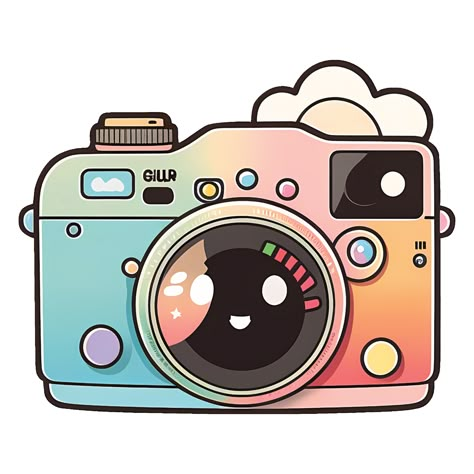 Kawaii Style Film Camera Sticker .This design is a cute and charming film camera in pastel colors that exudes a kawaii style, making it perfect for anyone who loves photography and cute aesthetics. Cute Camera Stickers, Photography Illustration Camera, Cute Camera Drawing, Camera Illustration Design, Polaroid Camera Illustration, Photography Stickers, Photo Kawaii, Cartoon Camera, Camera Clip Art