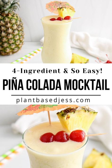 View on a tall glass of non-alcoholic pina colada. Pineapple Cocktail Recipes, Almond Milk Smoothie Recipes, Pina Colada Mocktail, Pineapple Drinks, Coconut Drinks, Drink Recipes Nonalcoholic, Smoothie Drink Recipes, Vegan Drinks, Refreshing Drinks Recipes