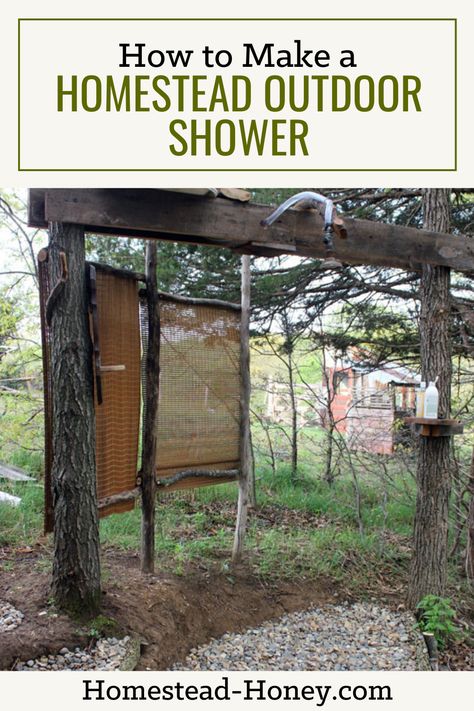 Easy, DIY homestead shower that you can make in an afternoon if you're living on an off-grid homestead without running water. Building A Homestead, Grid Ideas, Off The Grid Living, Off Grid Homestead, Living Off Grid, Homesteading Diy, Homestead Farm, Homesteading Ideas, Off Grid Cabin