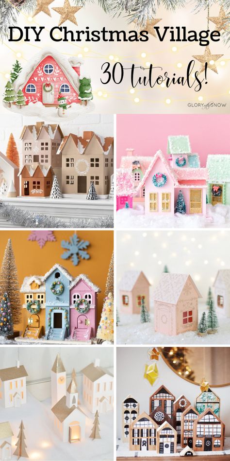 Diy Christmas Glitter House, Christmas Putz Houses Diy, Glitter Houses Christmas Diy, How To Make Cardboard Houses Christmas Villages, Christmas Village Houses Patterns, Felt Christmas Village Pattern, Diy Cardboard House Christmas Villages, Christmas Decoration Display, Xmas Village Diy Cardboard Houses