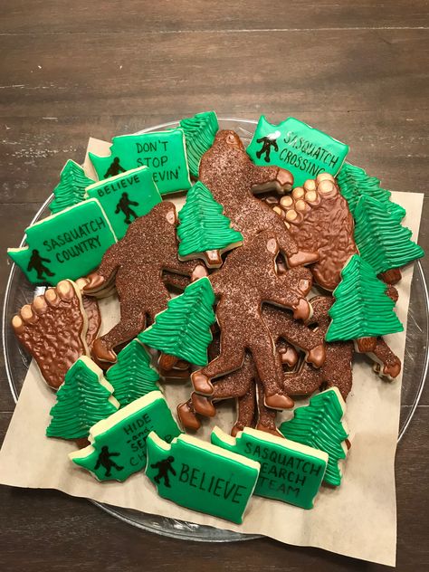 Sasquatch cookies Sasquatch Cookies Decorated, Bigfoot Cookies Decorated, Sasquatch Party Ideas, Bigfoot Snacks, Bigfoot Party Ideas, Sasquatch Birthday Party, Bigfoot Birthday Party Ideas, Sasquatch Cookies, Bigfoot Cookies