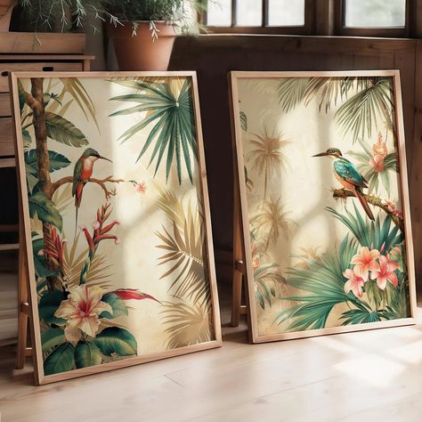 Set of 2 Vintage Botanical Bird Posters, Tropical Flowers Botanical Plant Prints, Vintage Decor, Exotic Floral Decor, Cottagecore Wall Art - Etsy Tropical Colonial Interior, Tropical British Colonial Style, Shells Fashion, Tropical British Colonial, Tropical Colonial, Cottagecore Wall Art, Jungle Bedroom, Oahu Beaches, Vintage Bird Illustration