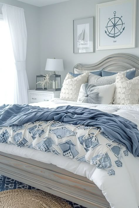 29 Grey Boho Bedroom Decor Ideas | Grey Boho Bedroom, Preppy Interior, Light Blue Bedroom, Boho Bedroom Decor Ideas, Blue Gray Bedroom, Grey Boho, Coastal Preppy, Boho Bedroom Design, Nautical Inspiration