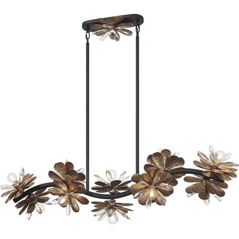 Let the beautiful Savoy House Giselle 10-light linear chandelier blossom in your home! Its undulating structure is festooned with flowers and finished in Delphine, a beautiful mix of gold and black tones. Petals of faceted crystal add another dimension of style. Black Farmhouse Chandelier, Savoy House Lighting, Black Tones, Island Pendant Lights, Linear Suspension, Another Dimension, Farmhouse Chandelier, Island Pendants, Savoy House