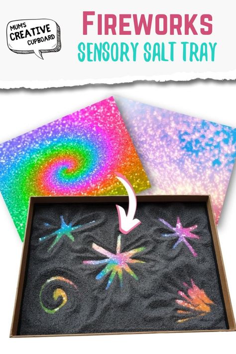 Firework Sensory Crafts for Toddlers - Fireworks craft for toddlers bonfire night fun! Have fun making these salt tray fireworks with your toddler or preschooler. This is a great mark making activity for toddlers. Sensory Crafts for Toddler art project. Fireworks craft for kids. Fireworks craft for toddlers. Salt Fireworks Craft. Preschool fireworks craft. 4th of july fireworks craft. fireworks craft for kids eyfs. fireworks craft for kids new years. Glitter fireworks craft. #sensoryplay Sensory Crafts For Toddlers, Eyfs Fireworks, Craft Fireworks, Bonfire Crafts, Glitter Fireworks, Bonfire Night Crafts, Bonfire Night Activities, Autumn Eyfs, Forest Play