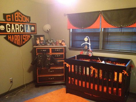 Harley baby room.  What you can't see is the tool bench we used for a changing table. Harley Davidson Nursery, Harley Davidson Baby Shower, Motorcycle Nursery, Harley Baby, Harley Davidson Baby, Boy Nursery Themes, Baby Boy Nursery Themes, Halloween Coustumes, Baby Bike