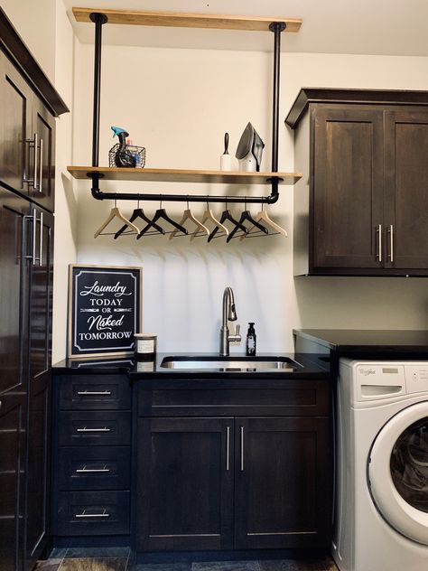 Laundry room, industrial pipe shelf with rustic twist. Black granite counters, Amish cabinetry Laundy Room, Laundry Shelves, Laundry Room Renovation, Farmhouse Laundry, Laundry Room Shelves, Farmhouse Laundry Room, Modern Laundry Rooms, Laundry Room Remodel, Laundry Room Inspiration