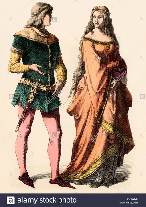 German knight and a lady, 1300s Stock Photo, Royalty Free Image: 59663750 - Alamy 14th Century Fashion, 14th Century Clothing, Middle Ages Clothing, Medieval Archery, Medieval Dresses, German Costume, Aged Clothing, Medieval Clothes, Late Middle Ages