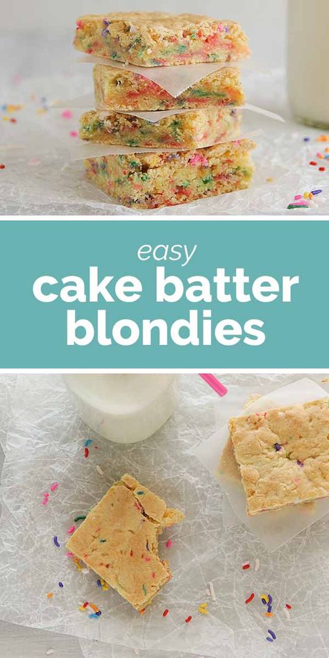 Perfect for any celebration, these Cake Batter Blondies are not only tasty, but only take minutes to throw together! Cake Batter Bars, Cake Batter Blondies, Blondies Recipe Easy, Blondie Cake, Sweets Bar, Blondies Recipe, Dessert Bar Recipe, Box Cake Mix, White Cake Mixes