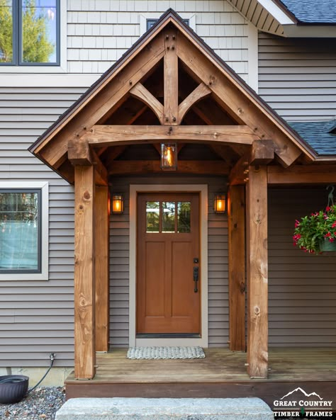 Portico Entry, Door Overhang, Timber Frame Porch, House Awnings, Exterior House Remodel, House Front Porch, Porch Remodel, Porch Roof, Cabin Exterior