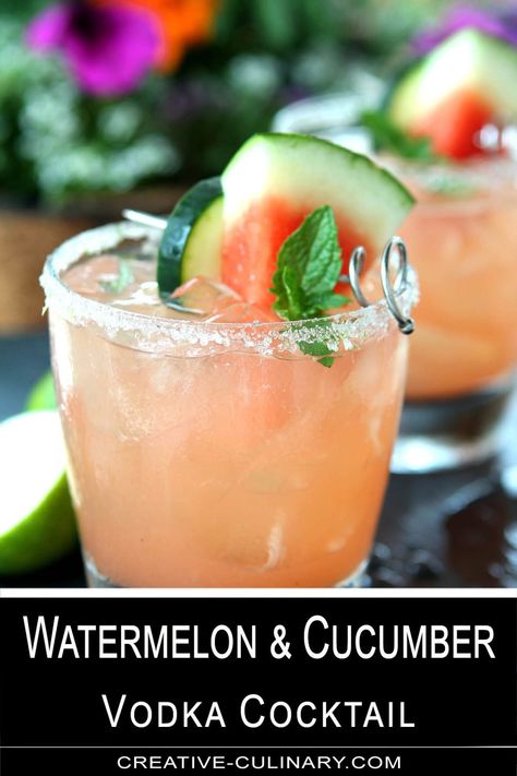 Although originally labeled 'The Firecracker' this cocktail is not just for the 4th of July; a Watermelon Cucumber Vodka Cocktail is fantastic all summer long Watermelon Vodka Drinks, Cucumber Cocktail, Cucumber Vodka, Cucumber Sandwiches, Mint Sprig, Watermelon Slices, Vodka Drinks, Vodka Cocktails, Refreshing Cocktails