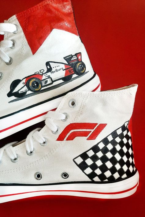 Shoe Aesthetic Unisex - Pink Jordans 4s Gifts For Formula One Fans, F1 Custom Shoes, F1 Gift Ideas Diy, Formula One Merch, Formula One Nails, Formula 1 Nail Art, Custom Diy Ideas, Formula 1 Painting, Formula 1 Nails