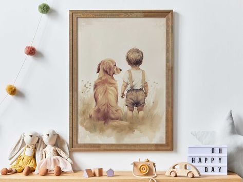 Infuse Your Home with Heartwarming Nostalgia! 🌾 Transform your child's room into a sanctuary of warmth and adventure with our Boy and Golden Retriever Print. This captivating vertical wall art features a vintage painting of a young boy standing beside his golden retriever in an open field, seen from behind. The delicate watercolor style adds a timeless charm, making it the perfect addition to any nursery or child's room decor. Perfect for Animal Lovers and Young Explorers! 🐕 Designed for famil German Shepherd Nursery, Dog Nursery Decor, Toddler Decor, Printable Dog, Dog Nursery, Inspired Painting, Toddler Room Decor, Vertical Wall Art, Dog Print Art