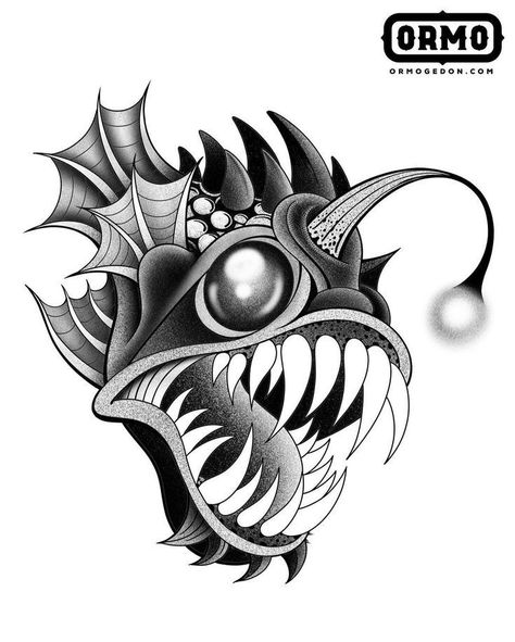 Black And Grey Tattoo Design Drawings, Anglerfish Drawing, Anglerfish Tattoo, Angler Fish Drawing, Black And Grey Tattoo Design, Angler Fish Tattoo, Aquatic Tattoo, Watercolor Tattoo Ideas, Detailed Tattoos