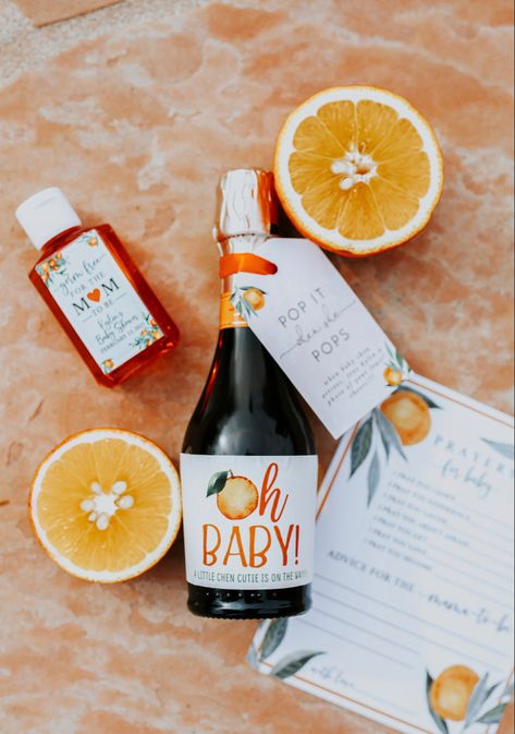 A Little Cutie Baby Shower Theme Decor, Cutie Baby Shower Favors, Little Cutie Baby Shower Favors, Clementine Baby Shower Ideas, A Cutie On The Way, Little Cutie Baby Shower Ideas, Baby Shower Champagne Favors, Baby Shower Color Themes, Theres A Cutie On The Way