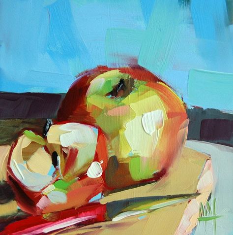 Knife Still Life, Fruit Oil Painting, Fruits Painting, Fruits Bowl, Angela Moulton, Apple Painting, Apple Art, Still Life Fruit, Fruit Painting