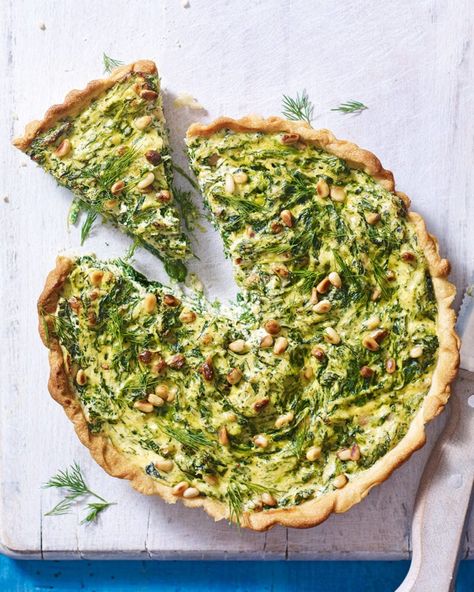 Spinach, ricotta, pine nut and dill tart recipe | delicious. magazine Spinach And Ricotta Tart, Vegetarian Pies, Spinach And Ricotta Lasagne, Tart Recipes Savory, Spinach Tart, Savoury Pies, Spinach Ricotta, Crunchy Salad, Pine Nut