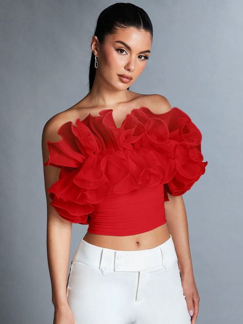 Red Party Collar Short Sleeve Knitted Fabric Plain  Embellished Medium Stretch  Women Clothing Red Ruffle Top, Classic Clothes, Frill Tops, Red Party, Red Top, Classic Outfits, Ruffle Top, Editorial Photography, Summer Women