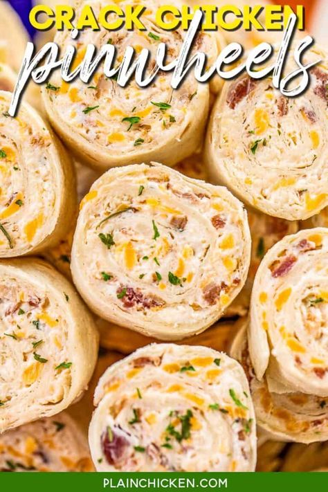 Crack Chicken Pinwheels - I am OBSESSED with these sandwiches! Cream cheese, cheddar, bacon, ranch and chicken wrapped in a tortilla. So simple to make with rotisserie chicken and precooked bacon. Can make ahead of time and refrigerate until ready to eat. Perfect for parties and tailgating!! #pinwheels #chicken #tailgating #bacon #sandwich #partyfood Precooked Bacon, Make With Rotisserie Chicken, Chicken Pinwheels, Pinwheel Sandwiches, Pinwheel Appetizers, Tortilla Rolls, Cheese Cheddar, Roll Ups Tortilla, Pinwheel Recipes