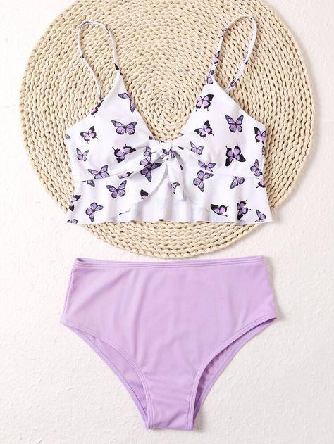 Butterfly Print Ruffle Hem Bikini Swimsuit | ROMWE USA Preppy Bathing Suits, 2 Piece Bathing Suits, Aesthetic Bikinis, Cut Outfits, Pool Birthday, Hawaii Outfits, Beach Bathing Suits, Swimsuits Outfits