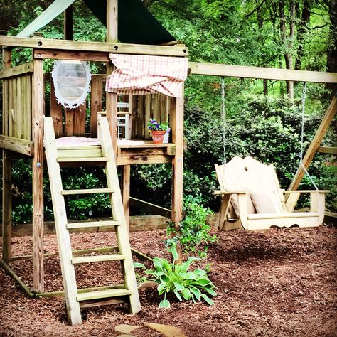 Playset Remodel, Playset Makeover, Backyard Swings, Wooden Playset, House Updates, Tea For Two, Play Structure, Backyard Inspiration, Flower Gardens